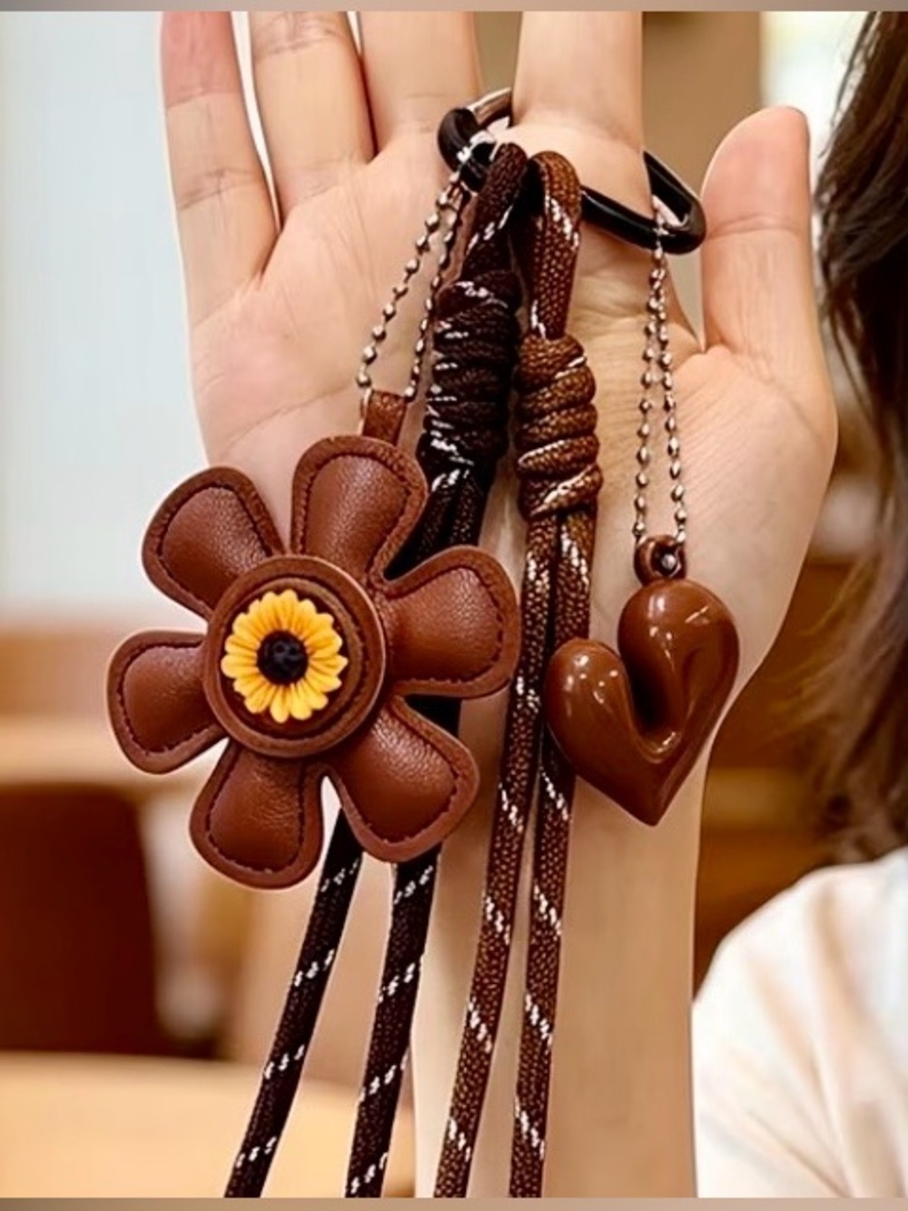 $48.00- Brown Vegan Leather Flower Heart Rope Bag Charm